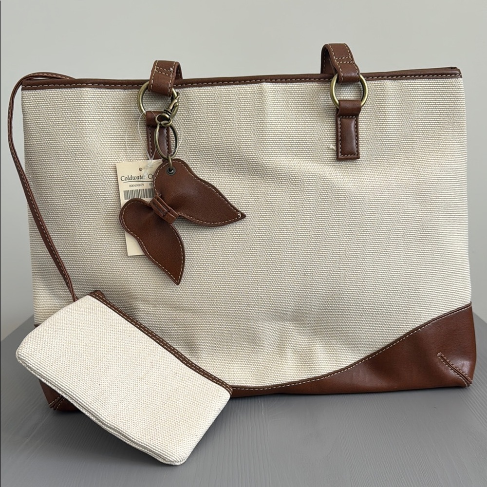 Coldwater Creek Cream and Brown Leather Trim Tote